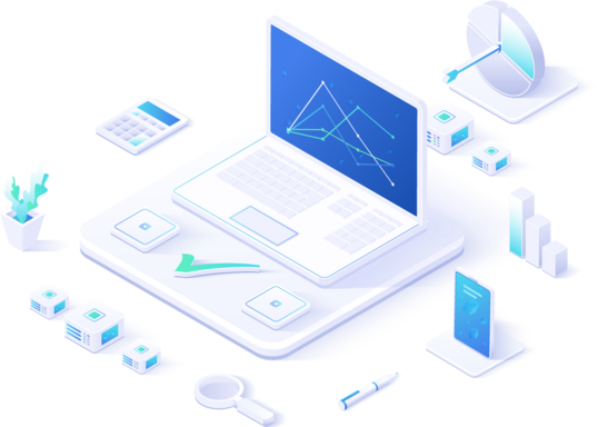 IT-Arbeitsplatz Notebook mit Diagrammen, Taschenrechner, IT-Bausteine